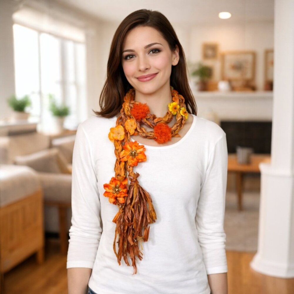 Orange Yellow Crocheted Recycled Sari Silk Scarf with Silk Flower, Stone  Beads